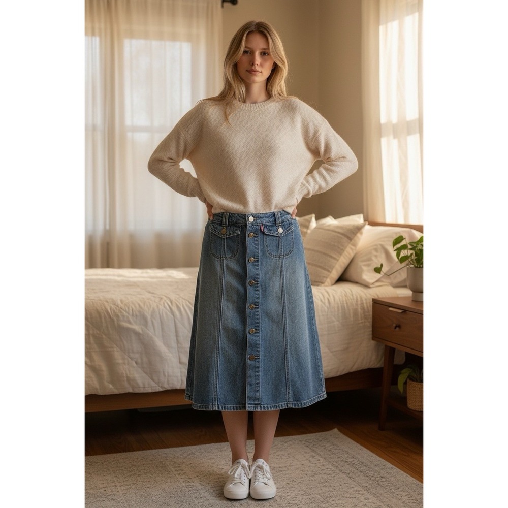 LEVIS 10 Blue Denim Jean Skirt‎ Midi Button Down Modest Home School Church